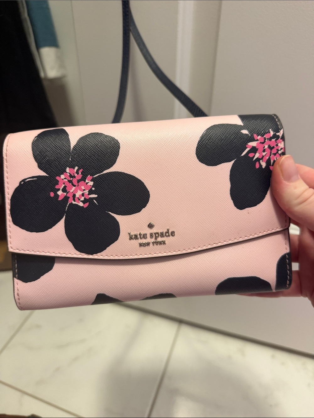 kate spade Pink Floral Crossbody Wallet with Black Flowers